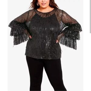 Avenue Plus Size 22/24 Nouveau Nights Round Neck Top Sequin Blouse Ruffle Sleeve